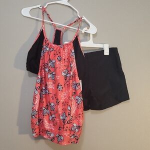 Floral Coral Tank Top and Black Shorts Set